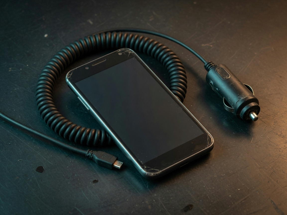 An older Android phone on a workbench beside a USB cable and a 12V car charger