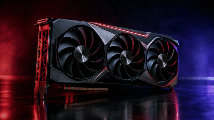 AMD Radeon RX 9070 XT gaming graphics card with triple fans on a dark studio background